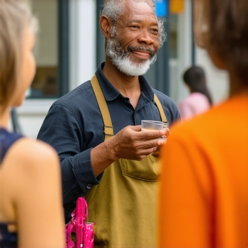 Business owner interacting with customers at a local event