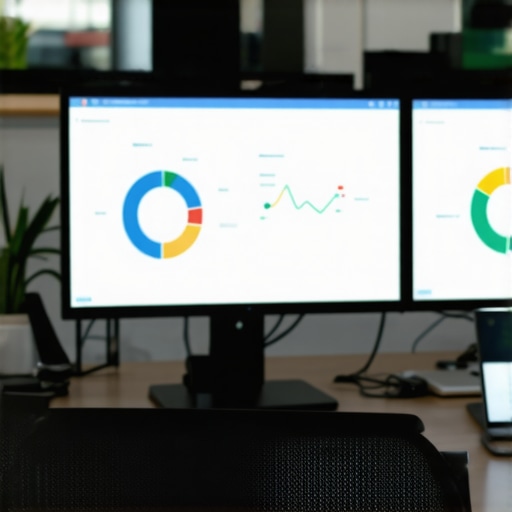 A workspace with laptops displaying local SEO and review management dashboards.
