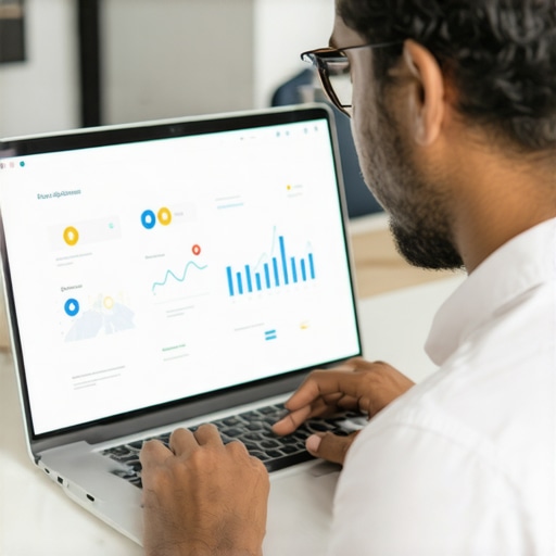 Business owner reviewing Google My Business profile metrics on a laptop.