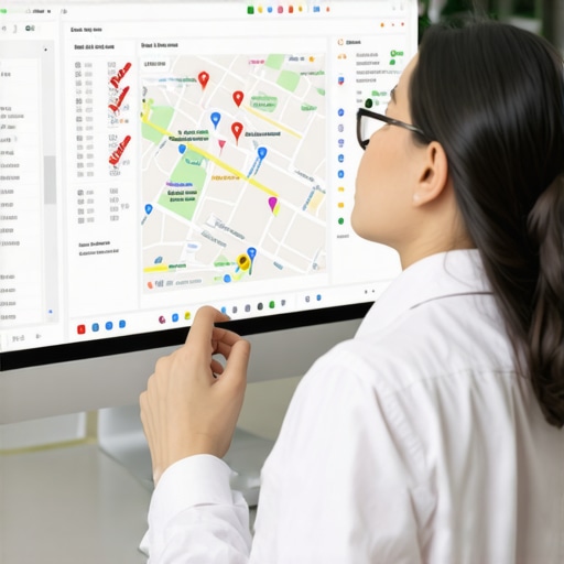 Person reviewing Google My Business profile on a laptop with related analytics and checklists.