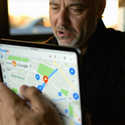 Business owner troubleshooting lost Google Map listing on tablet.