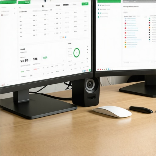 Two monitors on a desk displaying local SEO and rank tracking dashboards