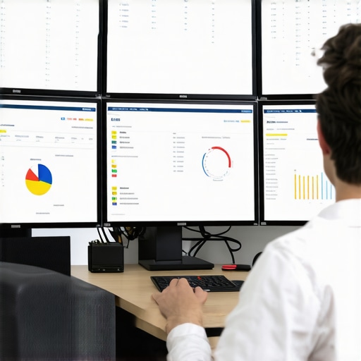 Local SEO Dashboard Workspace Person analyzing local SEO metrics on multiple screens at a workspace.