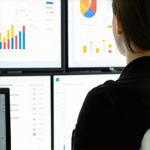 A professional reviewing local SEO analytics on multiple screens, highlighting rank fluctuations and citation data.