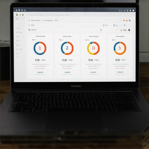 A workspace showing various SEO software on a computer monitor and a laptop with local search analytics