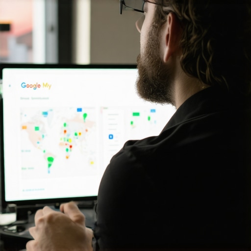Technician repairing Google My Business profile visibility on a computer screen.