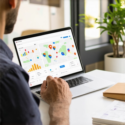 Business owner analyzing Google My Business and local rankings on laptop.