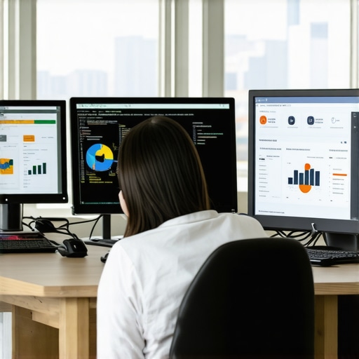 A professional analyzing local search performance using multiple computer screens with SEO dashboards.