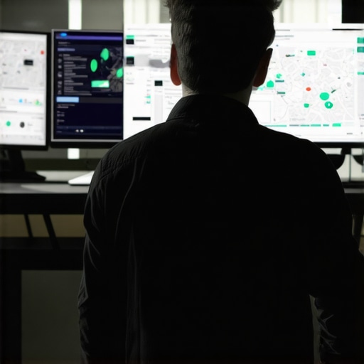 A person analyzing local SEO metrics on multiple digital screens in a professional office setting.