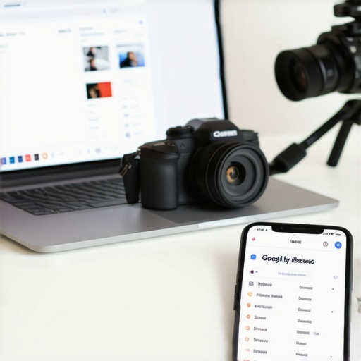 Workspace with SEO tools, camera, and smartphone showing local listing management tools