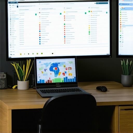 Tools for Maintaining Local Map Visibility A desk with monitors displaying local SEO tools and dashboards for monitoring and managing Google My Business listings.