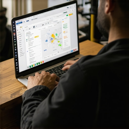 Using Advanced Tools for Local SEO Maintenance A digital marketer analyzing local SEO data on a computer with map and chart visuals.
