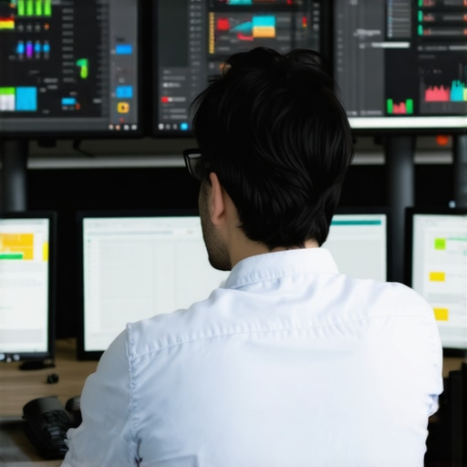 Advanced Local SEO Monitoring Workspace Person analyzing local SEO data on dual monitors with rank charts and dashboards