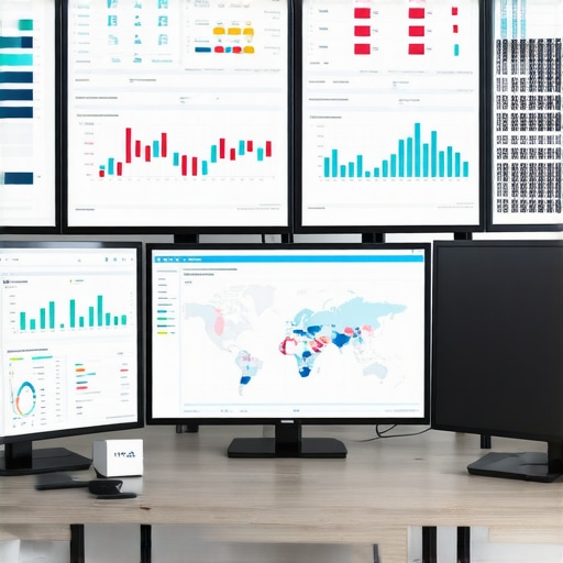 SEO Tools for Long-Term Listings Maintenance A modern office setup with screens displaying local SEO analytics and geo-fencing data.